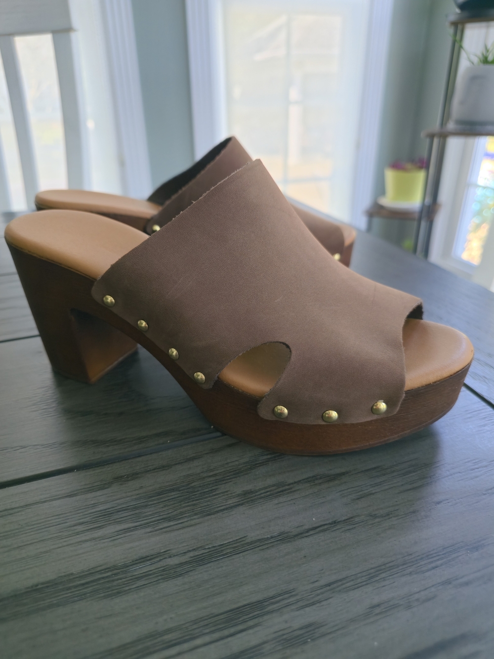 A. Giannetti Brown Studded Wood-Platform Mules